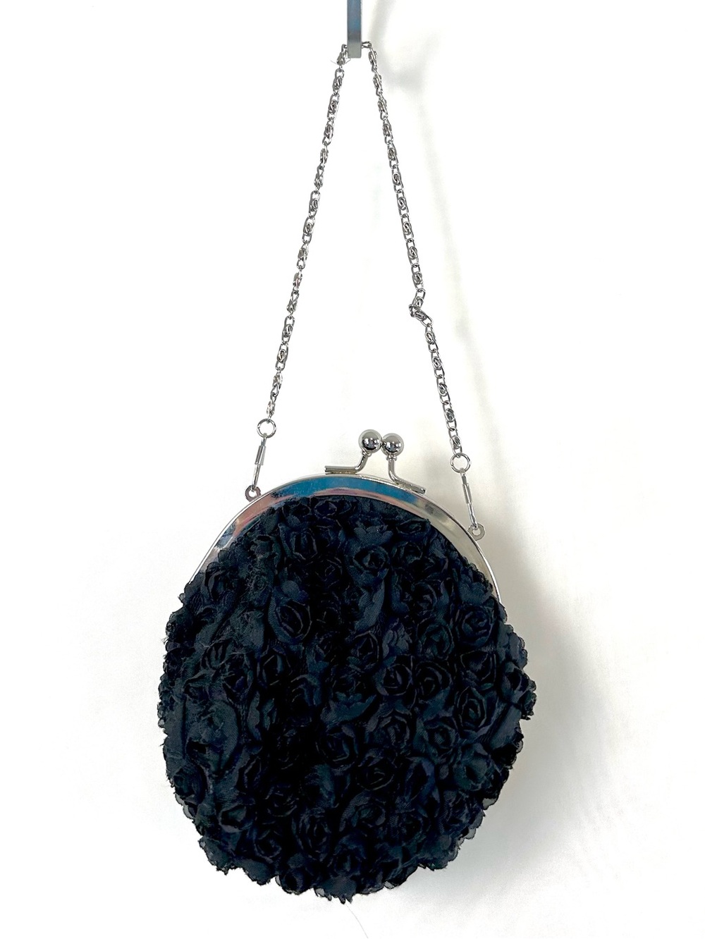Black Rosette Small Evening Clutch Handbag with Chain